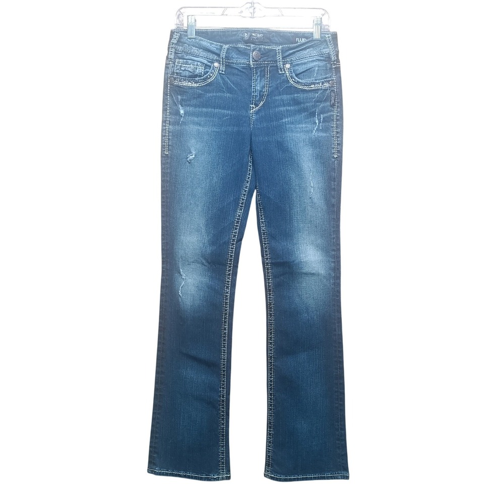 Silver Jeans‎ Suki Mid Slim Boot Fluid Denim Jeans 29x33 Medium Wash Distressed